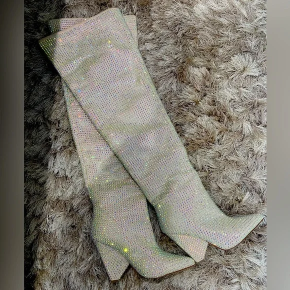 Nude, iridescent rhinestone over the knee/thigh high boots. - Picture 2 of 5